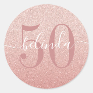 Adesivo Redondo Aniversário de 50 anos Monograma Rosa Bege Dourado