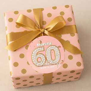 Adesivo Redondo Aniversário de 60 anos Pérola Dourada Rosa Suave E