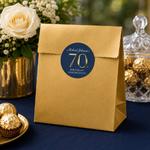 Adesivo Redondo Aniversário de 70 anos em Azul Naval Dourado Sólid