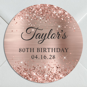 Adesivo Redondo Aniversário de 80 anos em Glittery Rose Gold Foil