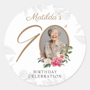 Adesivo Redondo Aniversário de 90 anos com foto personalizada flor