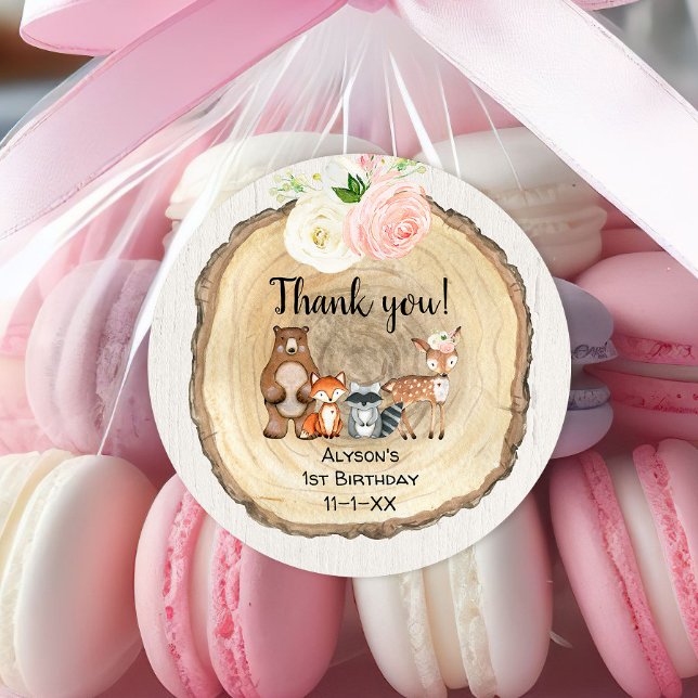 Adesivo Redondo Aniversário de animais bonitos da floresta floral  (Criador carregado)