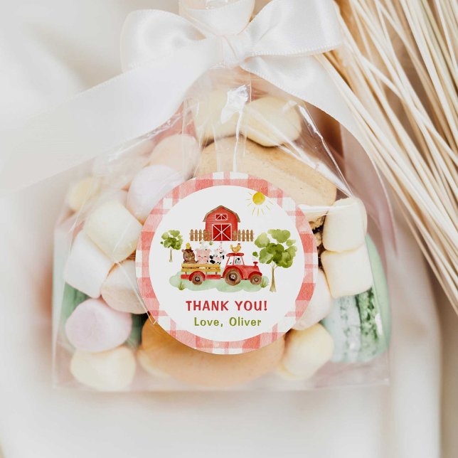 Adesivo Redondo Aniversário de animais de criação de tratores verm (Criador carregado)