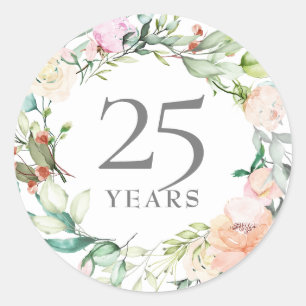 Adesivo Redondo Aniversário de Bodas de Prata de 25 Anos Rosas Flo