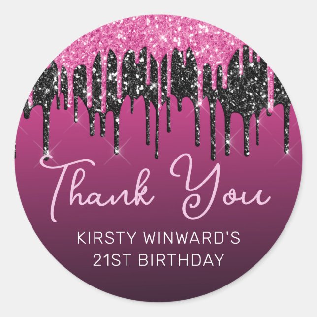 Adesivo Redondo Aniversário de brilho preto e rosa quente (Frente)