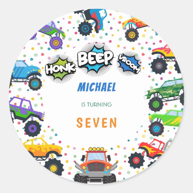 Adesivo Redondo Aniversário de caminhões monstros de bip honesto (Frente)
