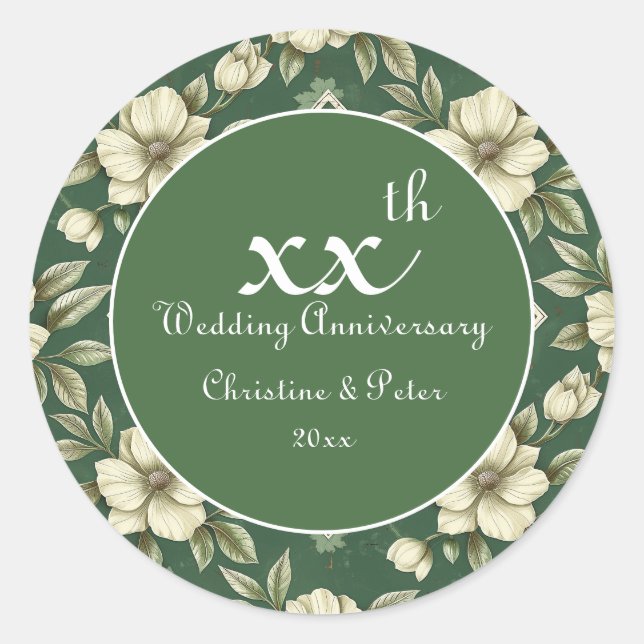 Adesivo Redondo Aniversário de Casamento de Flor de Marfim e Esmer (Frente)