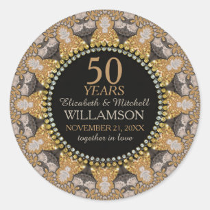 Adesivo Redondo Aniversário de Casamento de Ouros de Lace Hearts