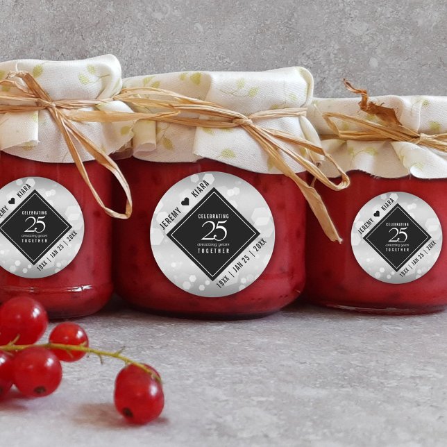 Adesivo Redondo Aniversário de Casamento do 25 Silver Elegante (Elegant 25th Silver Wedding Anniversary Round Sticker Cover Photo.)