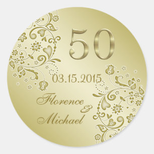 Adesivo Redondo Aniversário de casamento floral dourado dos