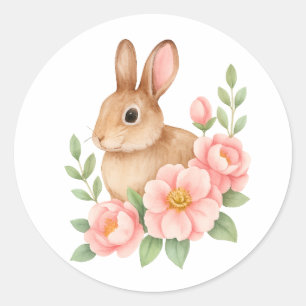 Adesivo Redondo Aniversário de Coelho de Aquarela Fofa e Flores Co