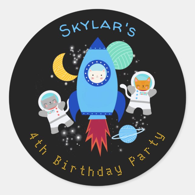 Adesivo Redondo Aniversário de criança Astronauta de Gatinhos do E (Frente)