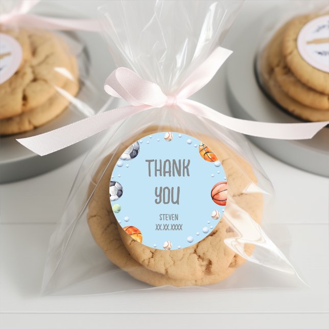 Adesivo Redondo Aniversário de criança de esportes de esferas (Criador carregado)