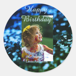 Adesivo Redondo Aniversário de criança de fotos azul verde-brilhan