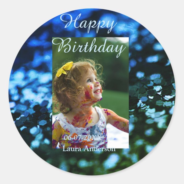 Adesivo Redondo Aniversário de criança de fotos azul verde-brilhan (Frente)