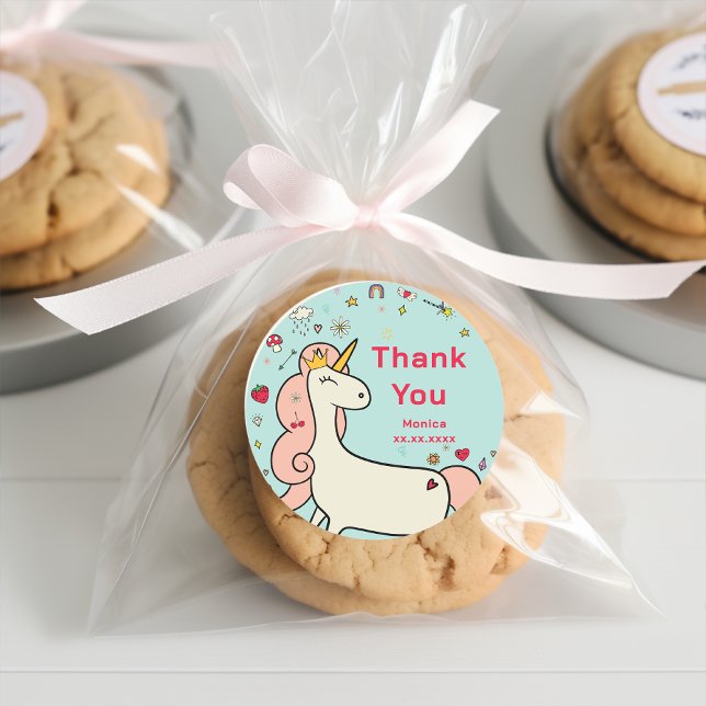 Adesivo Redondo Aniversário de criança de unicórnio de cartoon mág (Criador carregado)