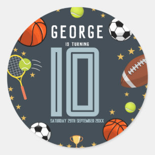 Adesivo Redondo Aniversário de criança moderno de esportes azuis