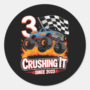 Adesivo Redondo Aniversário de criança Monster Truck 3 Anos Menino