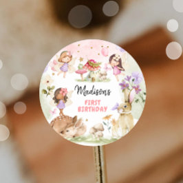 Adesivo Redondo Aniversário de Fada 1º Menina Floral Floresta Enca