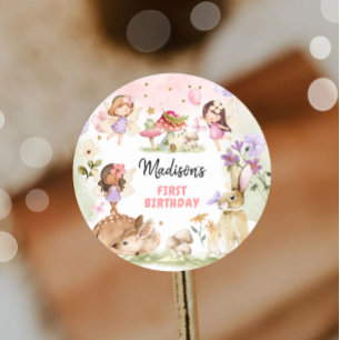 Adesivo Redondo Aniversário de Fada 1º Menina Floral Floresta Enca