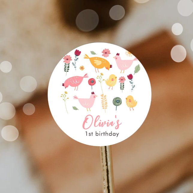 Adesivo Redondo Aniversário de frango com Páscoa de Fazenda de Pin (Criador carregado)