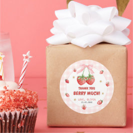 Adesivo Redondo Aniversário de Gingham Rosa de Morango Obrigado St