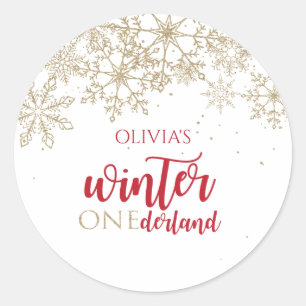 Adesivo Redondo Aniversário de Inverno ONEdernald Vermelho e Doura