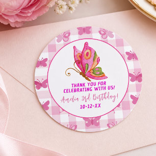 Adesivo Redondo Aniversário de menina borboleta elegante rosa dour