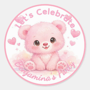 Adesivo Redondo Aniversário de Menina com Ursinho Rosa Fofinho
