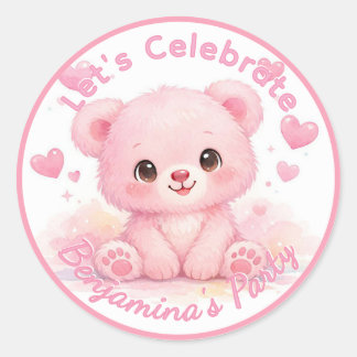 Adesivo Redondo Aniversário de Menina com Ursinho Rosa Fofinho