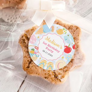 Adesivo Redondo Aniversário de Meninas com Doodle Pastel de Praia 