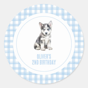 Adesivo Redondo Aniversário de plaid preppy de cachorrinho