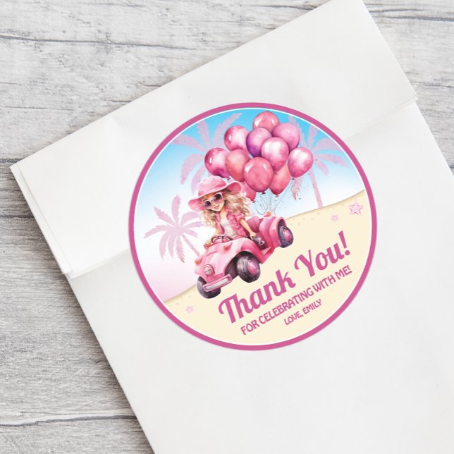 Adesivo Redondo Aniversário de Praia Convertível Rosa Personalizad (A fun personalized thank you sticker adds a special touch to a girl's birthday party.)