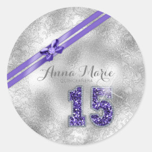 Adesivo Redondo Aniversário de prata ID382 roxo de brocado décim