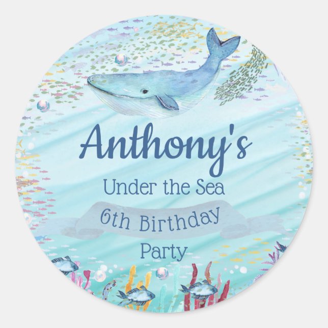 Adesivo Redondo Aniversário de Qualquer Idade Sob o Mar (Frente)