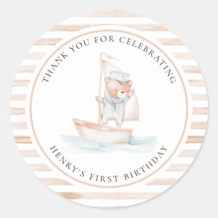 Adesivo Redondo Aniversário de Stripe do Urso do Marinheiro
