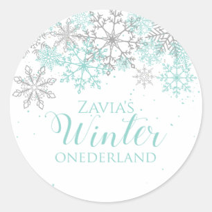 Adesivo Redondo Aniversário de Um Ano Winter Onederland Azul Turqu
