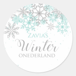 Adesivo Redondo Aniversário de Um Ano Winter Onederland Azul Turqu