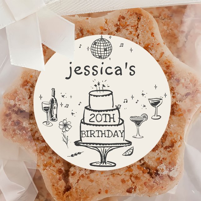 Adesivo Redondo Aniversário de Whimsical Desenhado à Mão Funky Coc (Criador carregado)