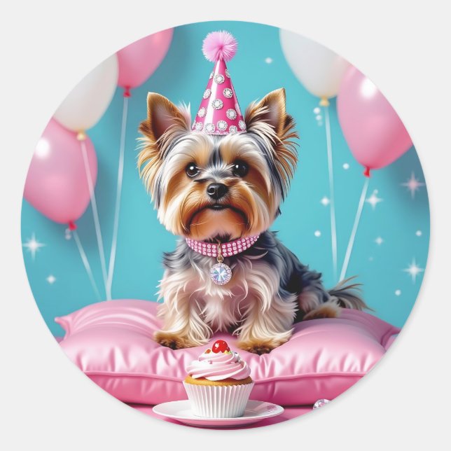Adesivo Redondo Aniversário de Yorkie Rosa Fofa (Frente)