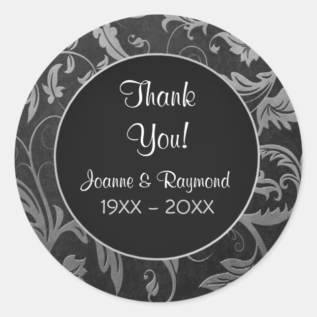 Adesivo Redondo Aniversário do 25 Silver Damask - Obrigado (Frente)