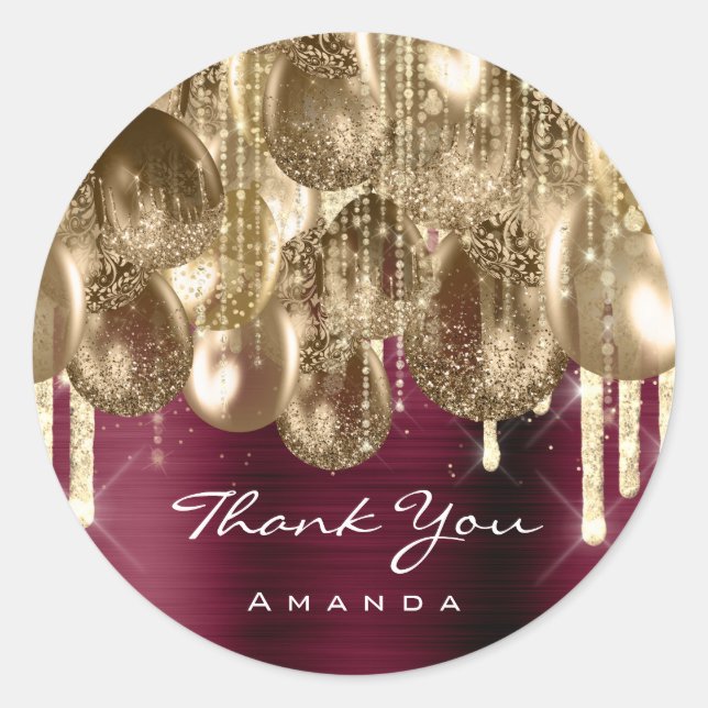 Adesivo Redondo Aniversário do Burgundy DOURADO GLITTER BALLONS DR (Frente)