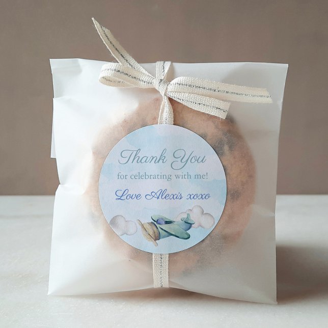 Adesivo Redondo Aniversário do Chá de fraldas de Avião Brinquedo - (Watercolor Toy Airplane Thank You Favor Stickers for baby shower or child birthday party)