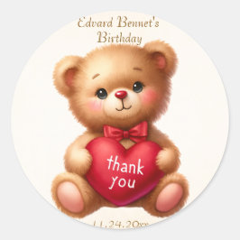 Adesivo Redondo Aniversário do Coração Vermelho do Urso de Teddy