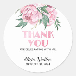 Adesivo Redondo Aniversário do Folheto Rosa Peony Floral Greeneres