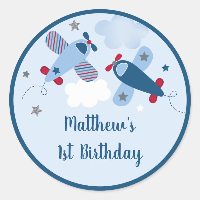 Adesivo Redondo Aniversário do Garoto das Nuvens do Avião (Frente)