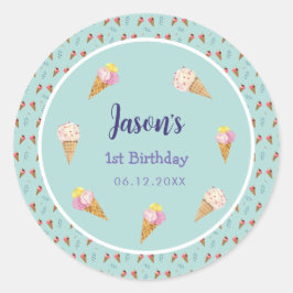 Adesivo Redondo Aniversário do Garoto do Cone Sorvete Verde