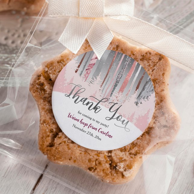 Adesivo Redondo Aniversário do inverno da Floresta de Neve Silver, (Criador carregado)