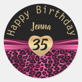 Adesivo Redondo Aniversário do Leopardo Preto e Rosa Quente
