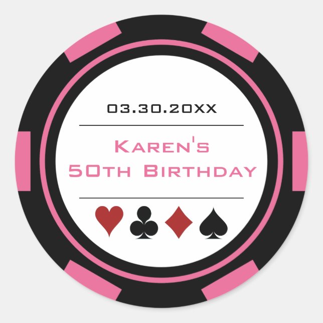 Adesivo Redondo Aniversário do Pôquer do Casino Rosa E Negro (Frente)